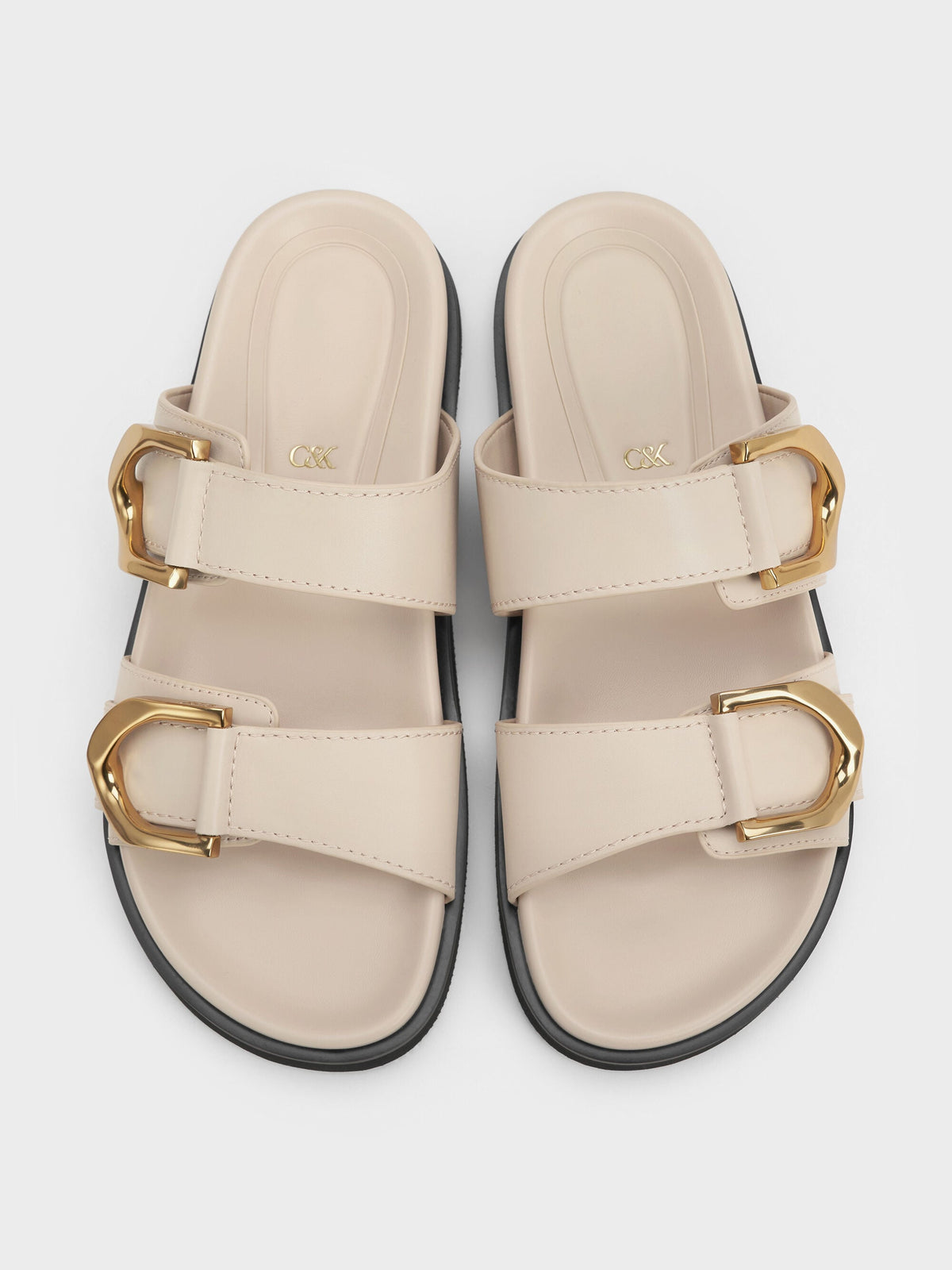 CHARLES & KEITH Special Offer | Gabine Gold-Buckle Leather Slides - Oat