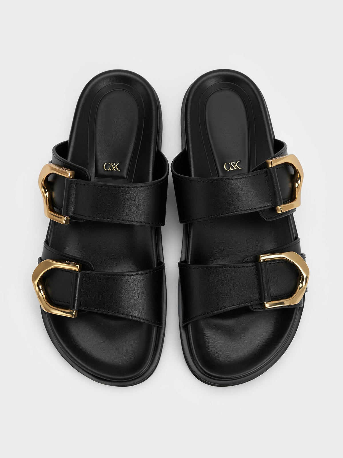 CHARLES & KEITH Trending | Gabine Gold-Buckle Leather Slides - Black