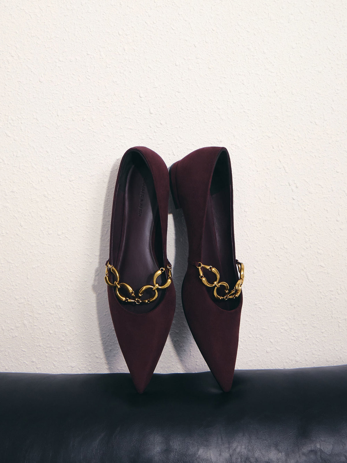 CHARLES & KEITH Latest | Faux Suede Metallic-Accent Ballet Flats - Burgundy