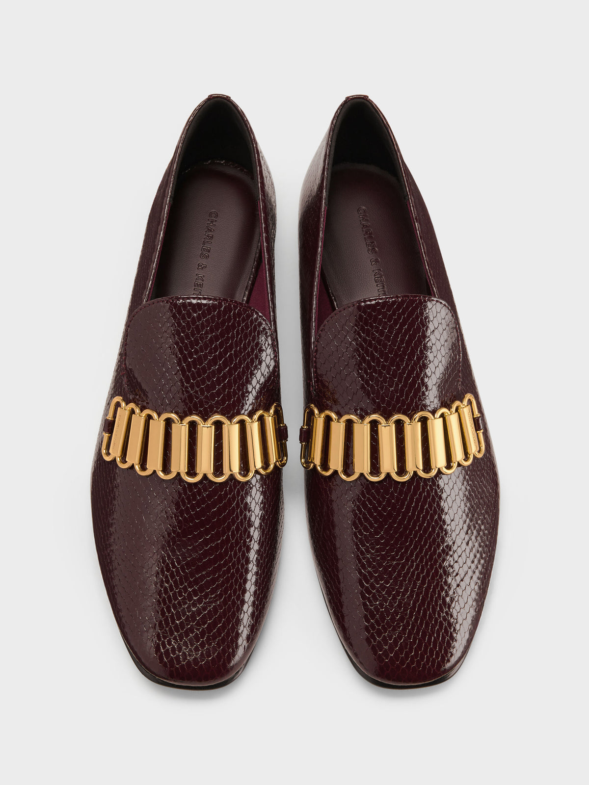 CHARLES & KEITH New | Snake-Print Metallic-Accent Loafers - Animal Print Burgundy