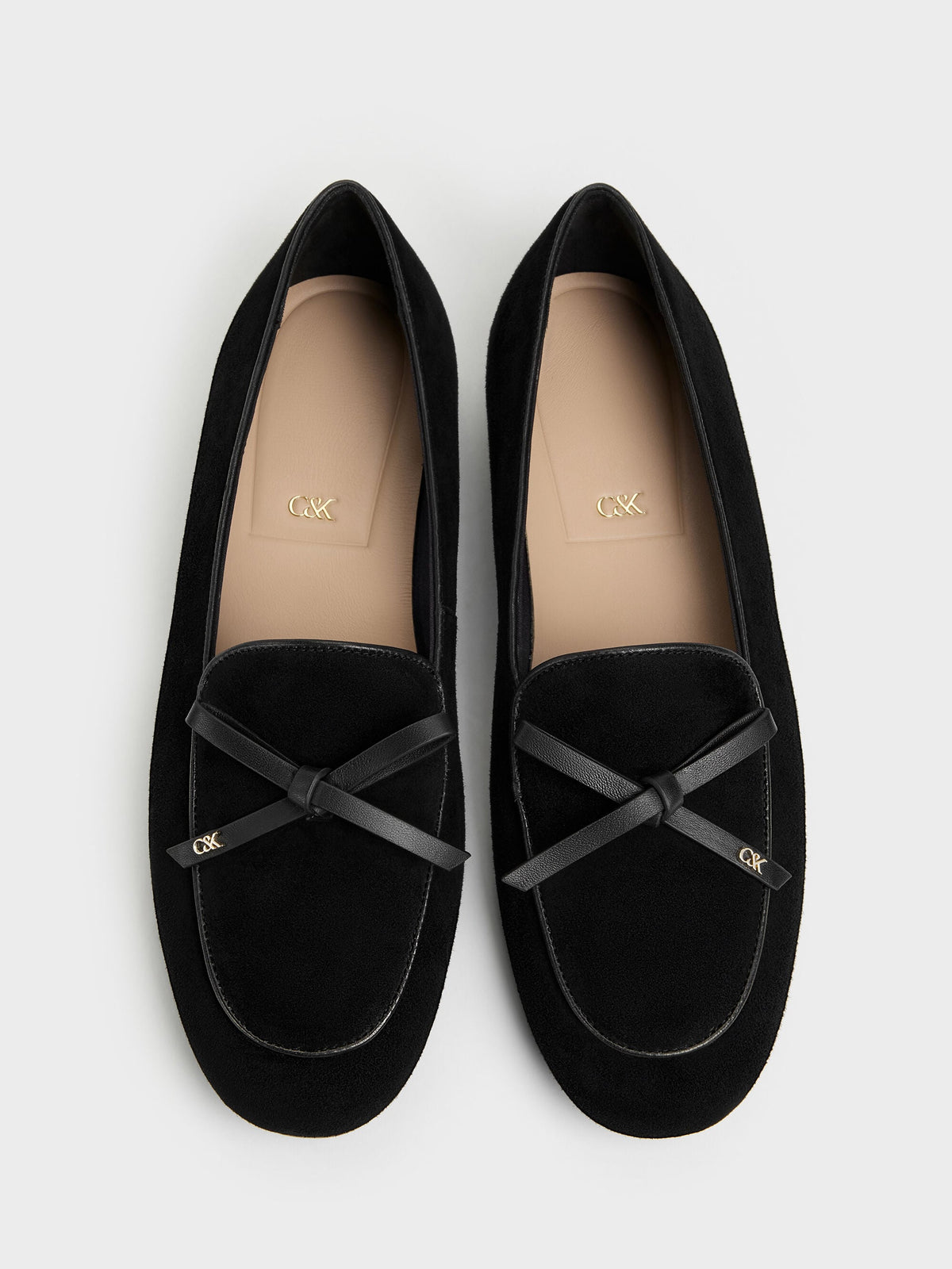 CHARLES & KEITH Value | Leather & Suede Bow Loafers - Black Textured