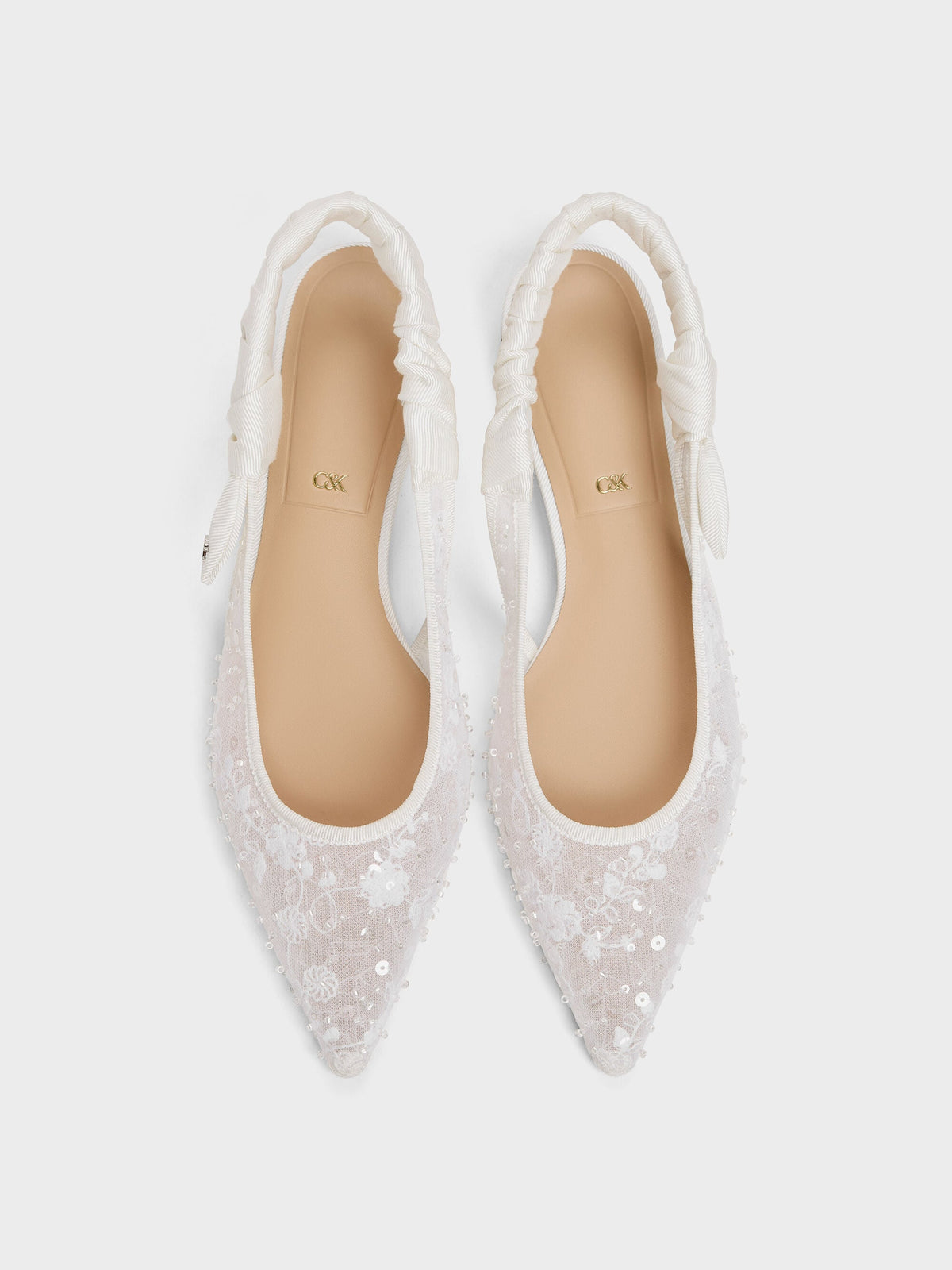 CHARLES & KEITH Exclusive | Tayari Embroidered-Mesh Slingback Flats - White