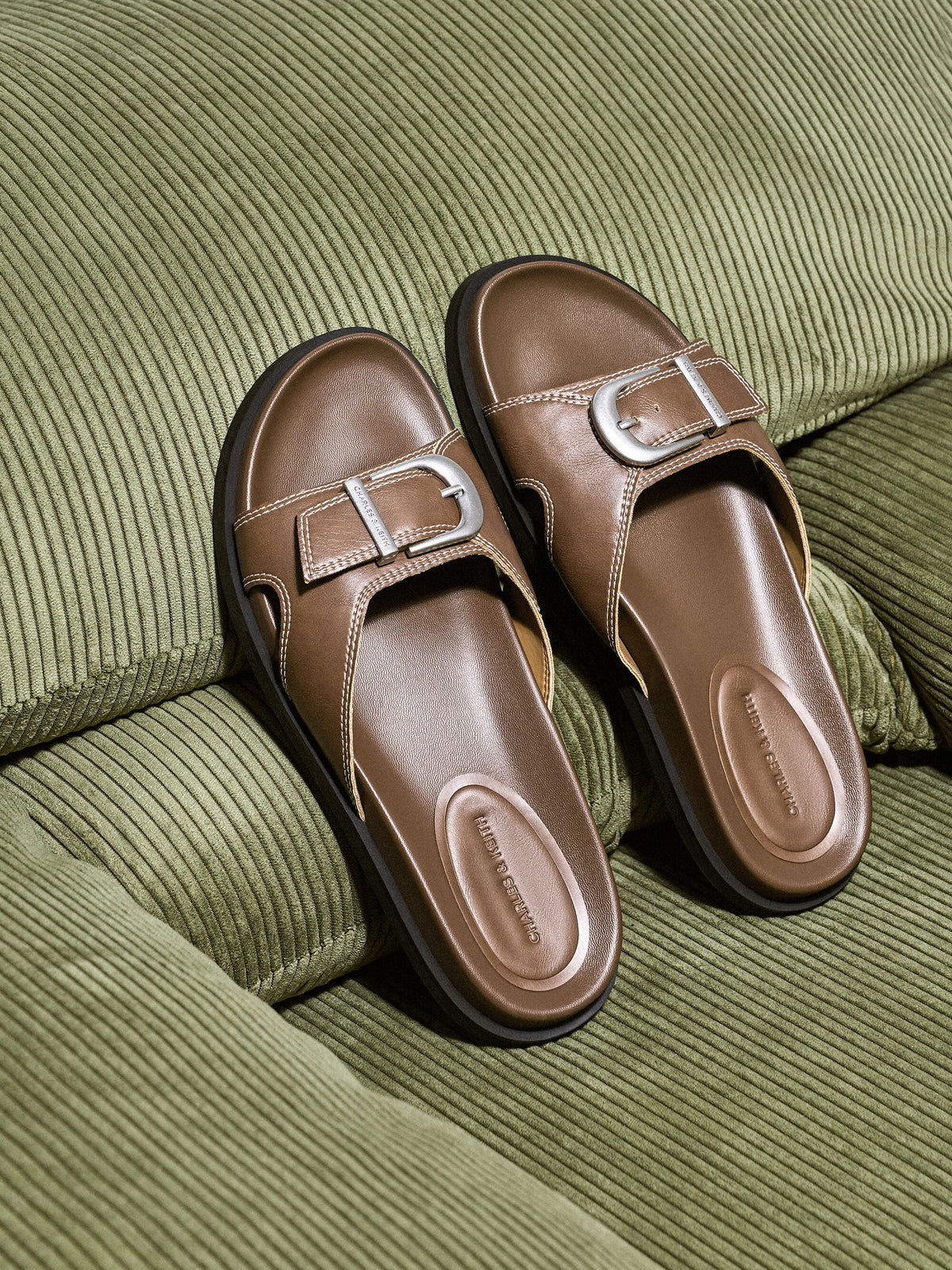 CHARLES & KEITH Sale | Stitch-Trim Buckled Slides - Cognac
