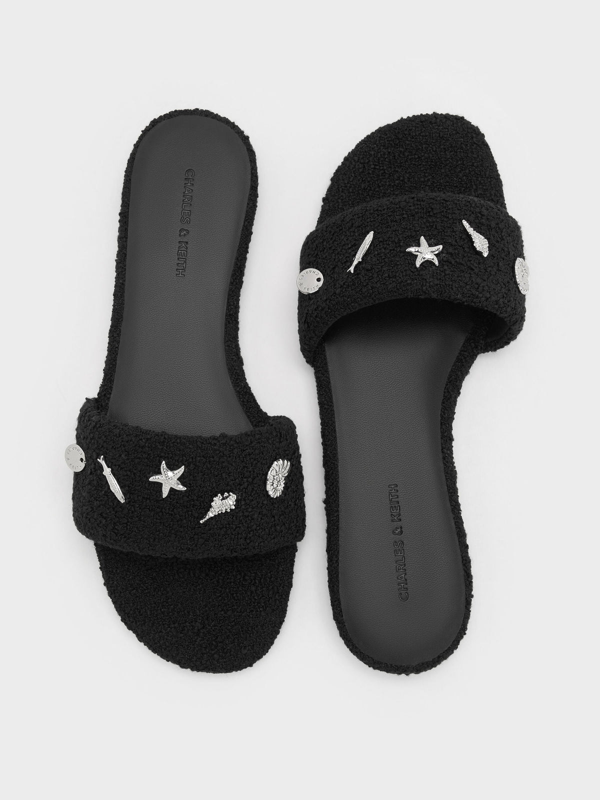 CHARLES & KEITH Trending | Tweed Beach Slide Sandals - Black Textured