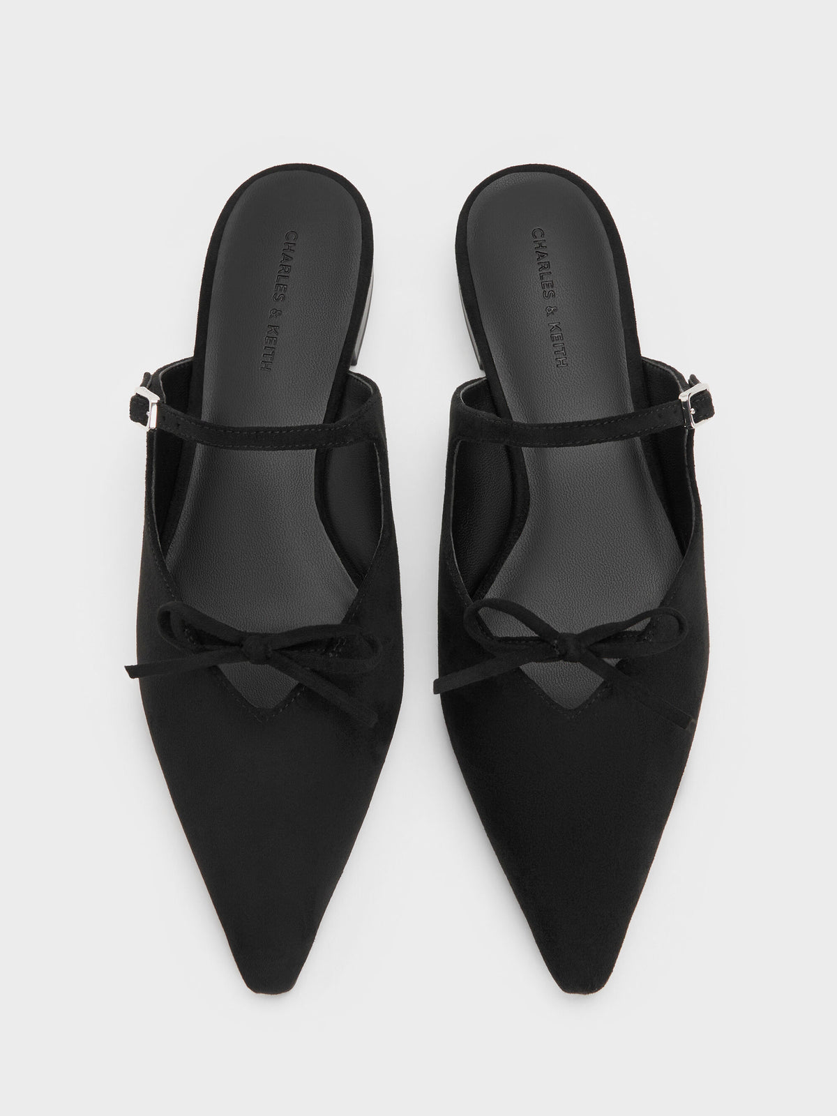 CHARLES & KEITH Signature | Faux Suede Bow Mary Jane Mules - Black Textured