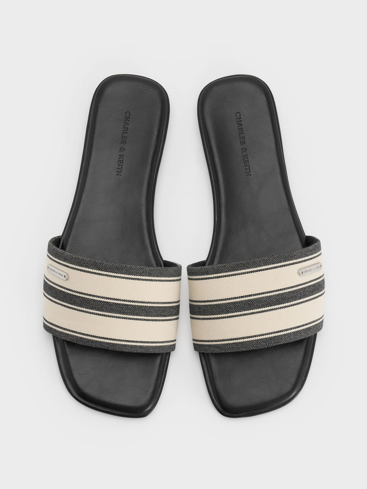 CHARLES & KEITH Hot Sale | Striped Square-Toe Slide Sandals - Black Textured