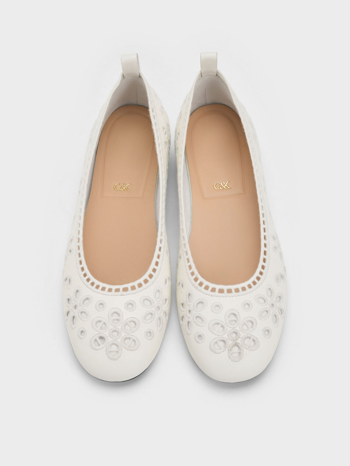 CHARLES & KEITH Discount | Leather Embroidered Ballet Flats - White