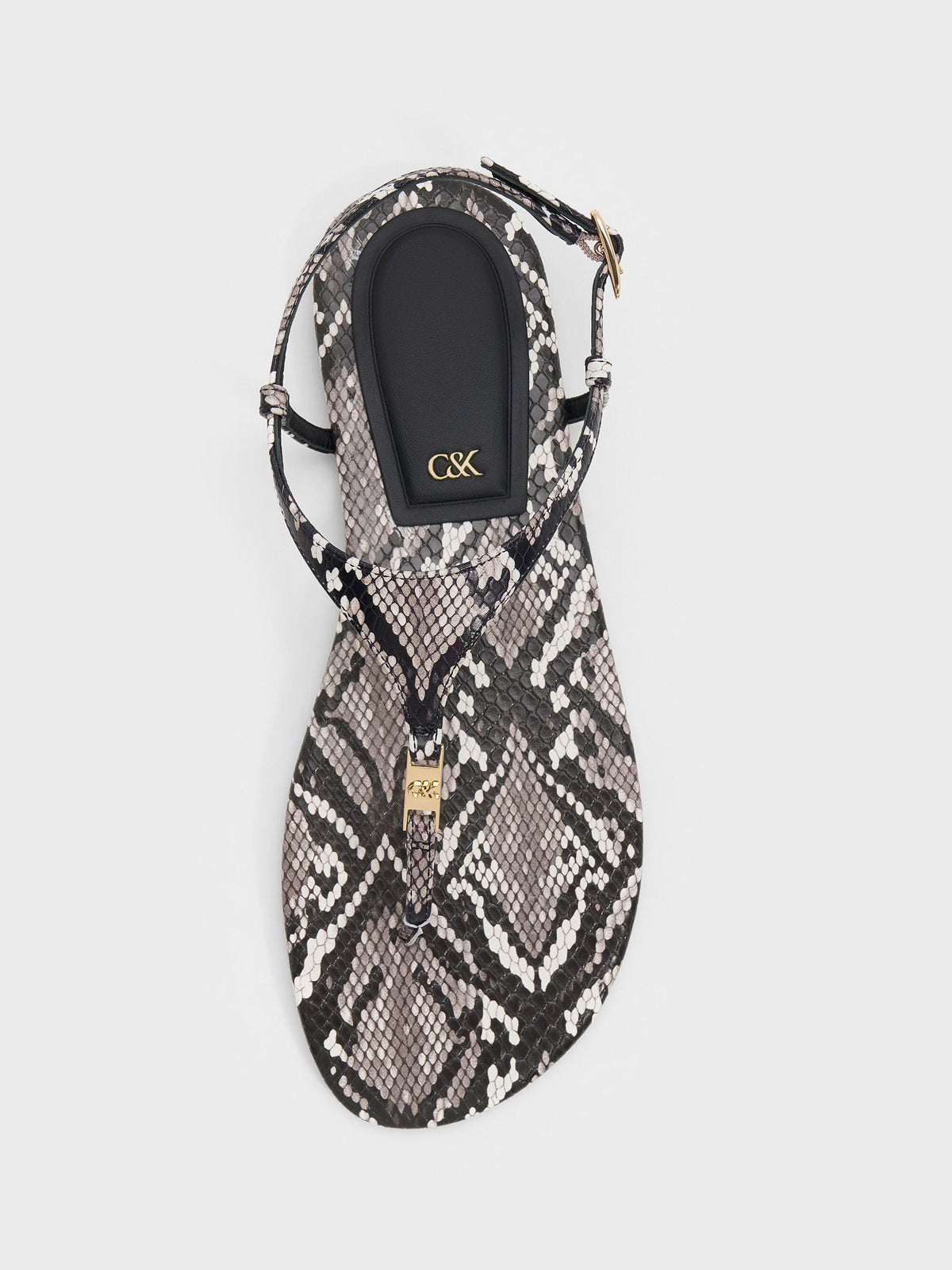 CHARLES & KEITH Customer Favorite | Leather Snake-Print T-Bar Thong Sandals - Animal Print Grey