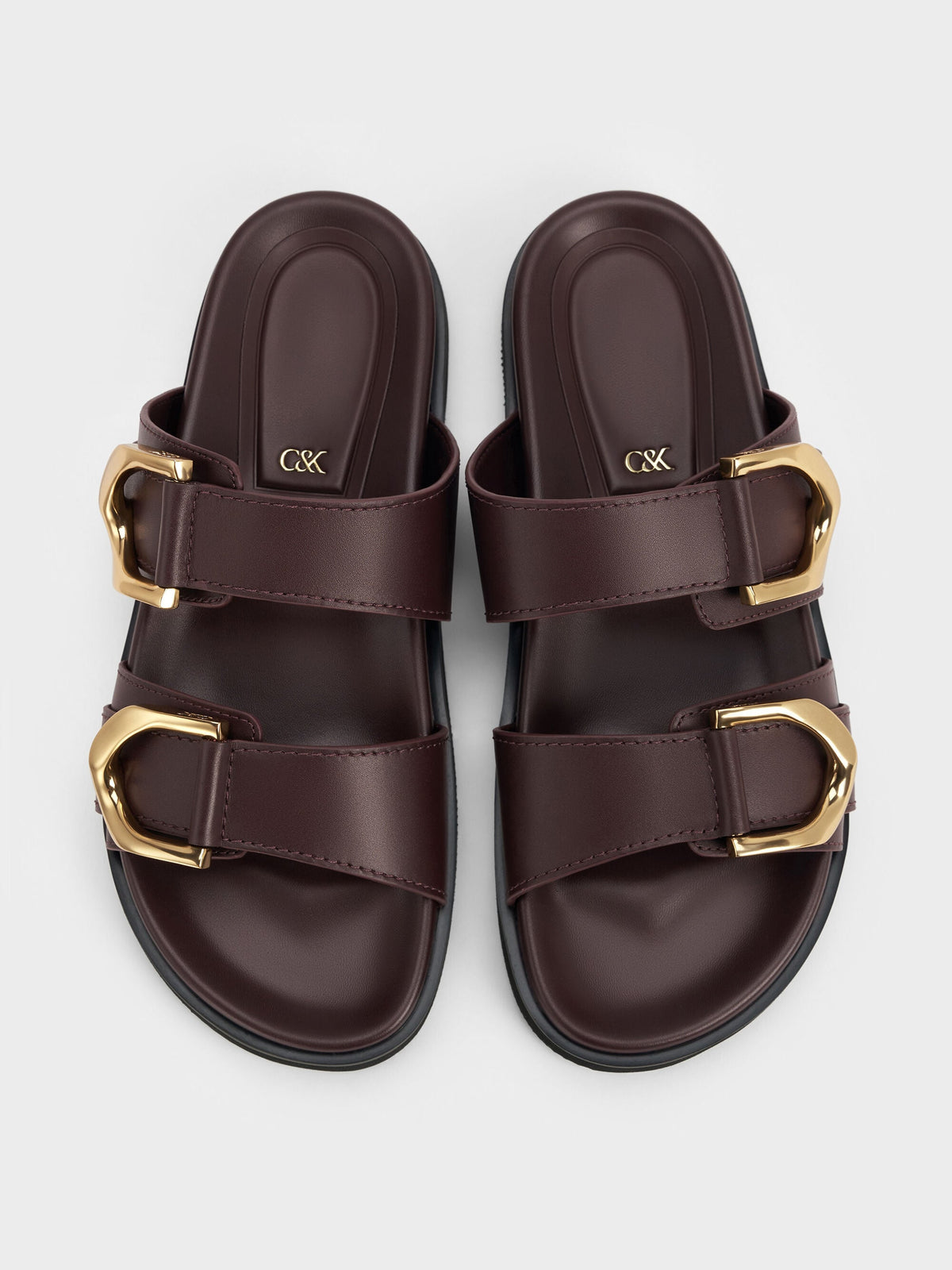 CHARLES & KEITH Trending | Gabine Gold-Buckle Leather Slides - Plum