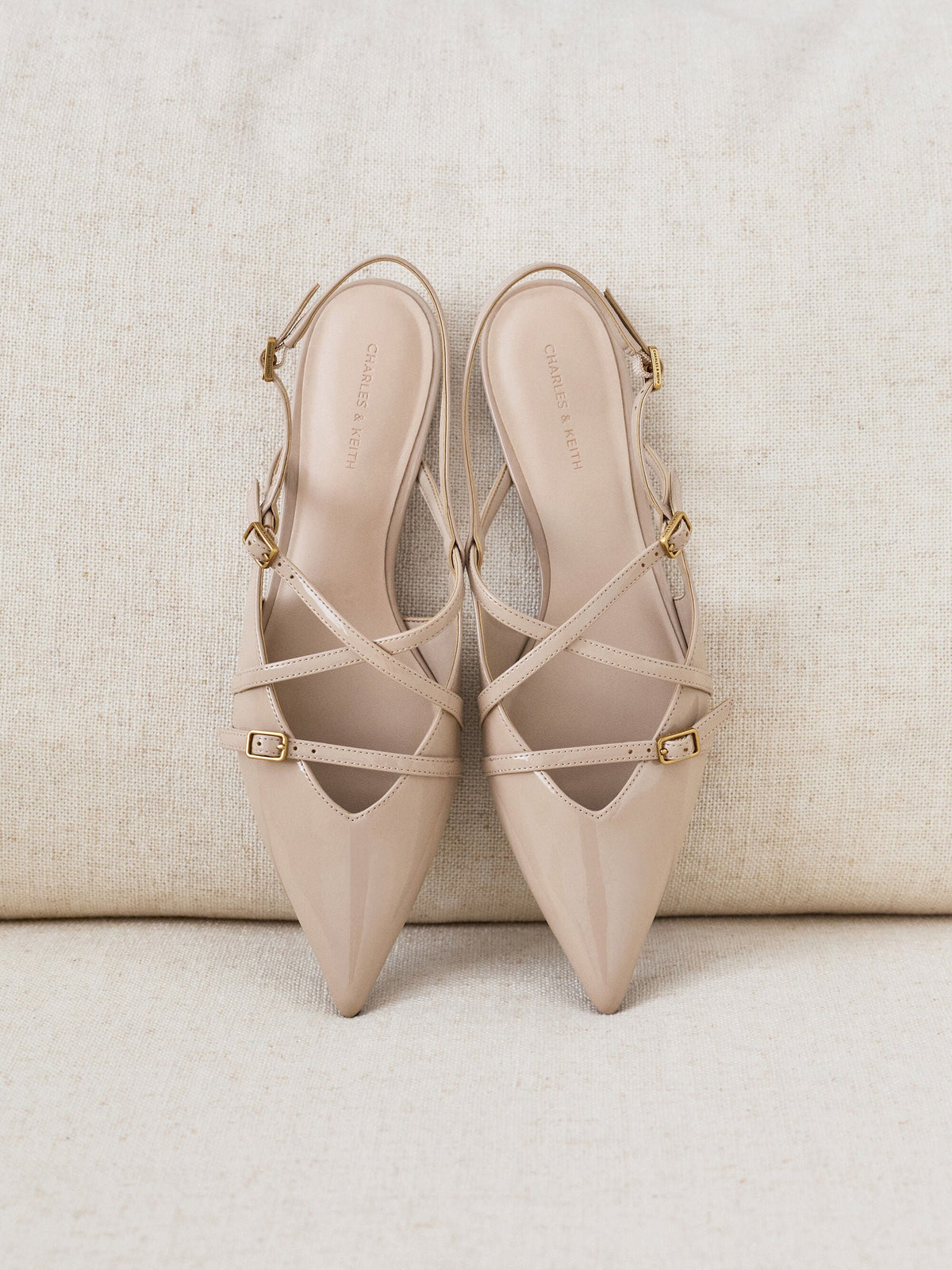 CHARLES & KEITH Best Seller | Maybelle Patent Strappy Slingback Flats - Nude