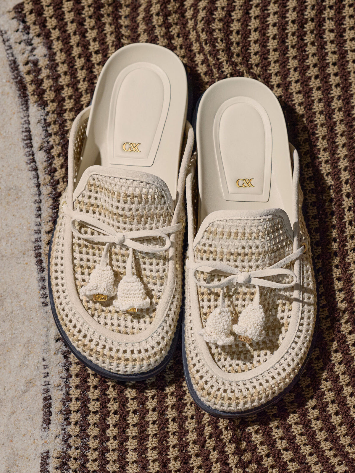 CHARLES & KEITH Essential | Crochet & Suede Flower Mules - Chalk
