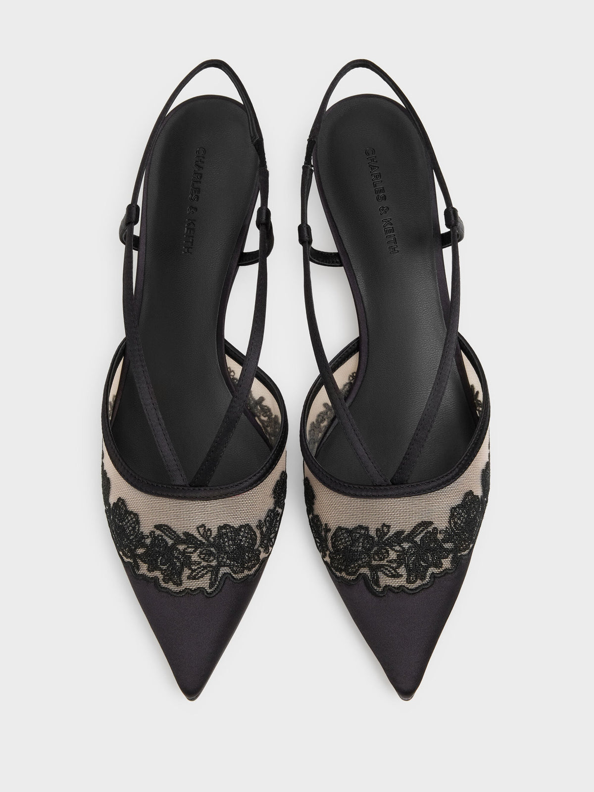 CHARLES & KEITH Popular | Satin Embroidered-Mesh Slingback Kitten Heels - Black Textured