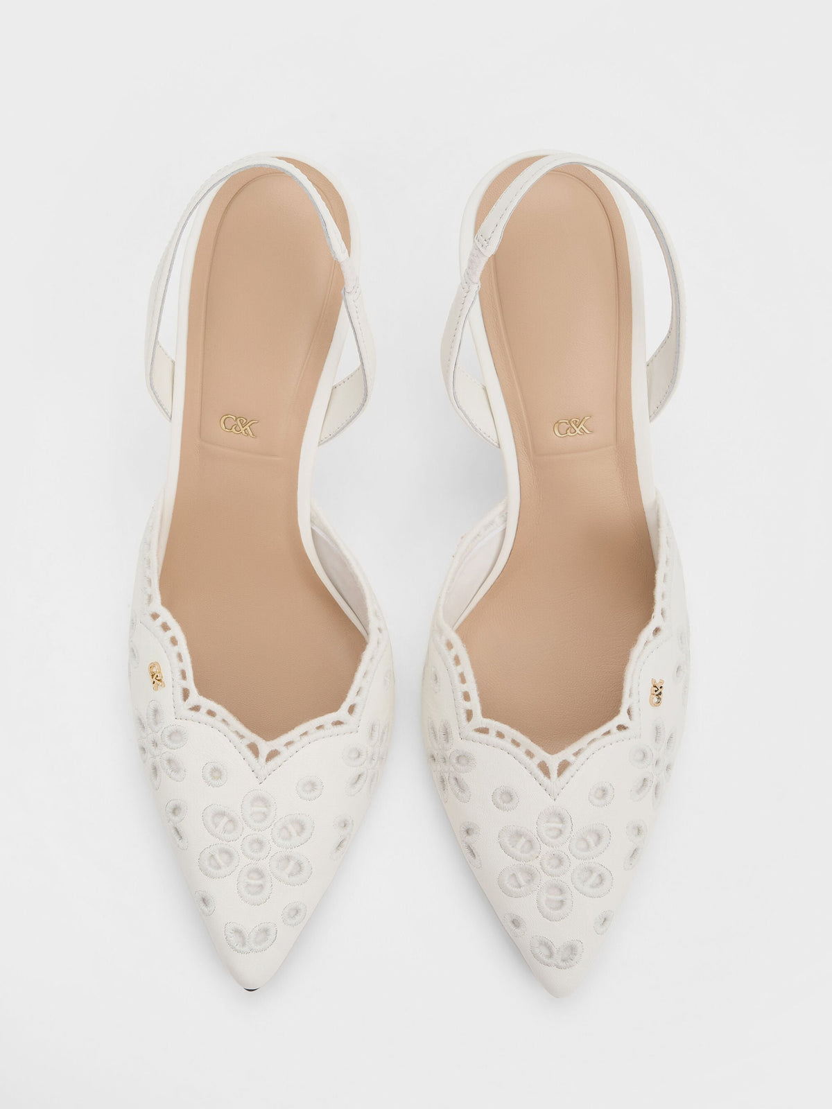 CHARLES & KEITH Everyday | Leather Embroidered Pointed Slingback Pumps - White