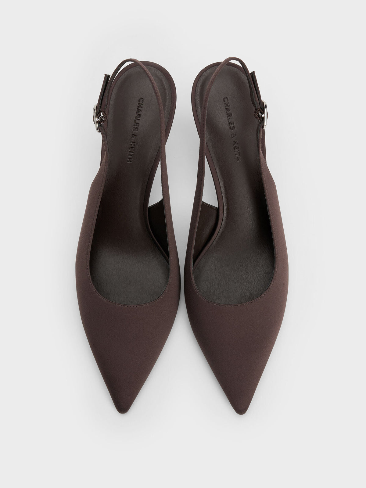 CHARLES & KEITH Top Pick | Kaia Satin Slingback Pumps - Dark Brown Textured