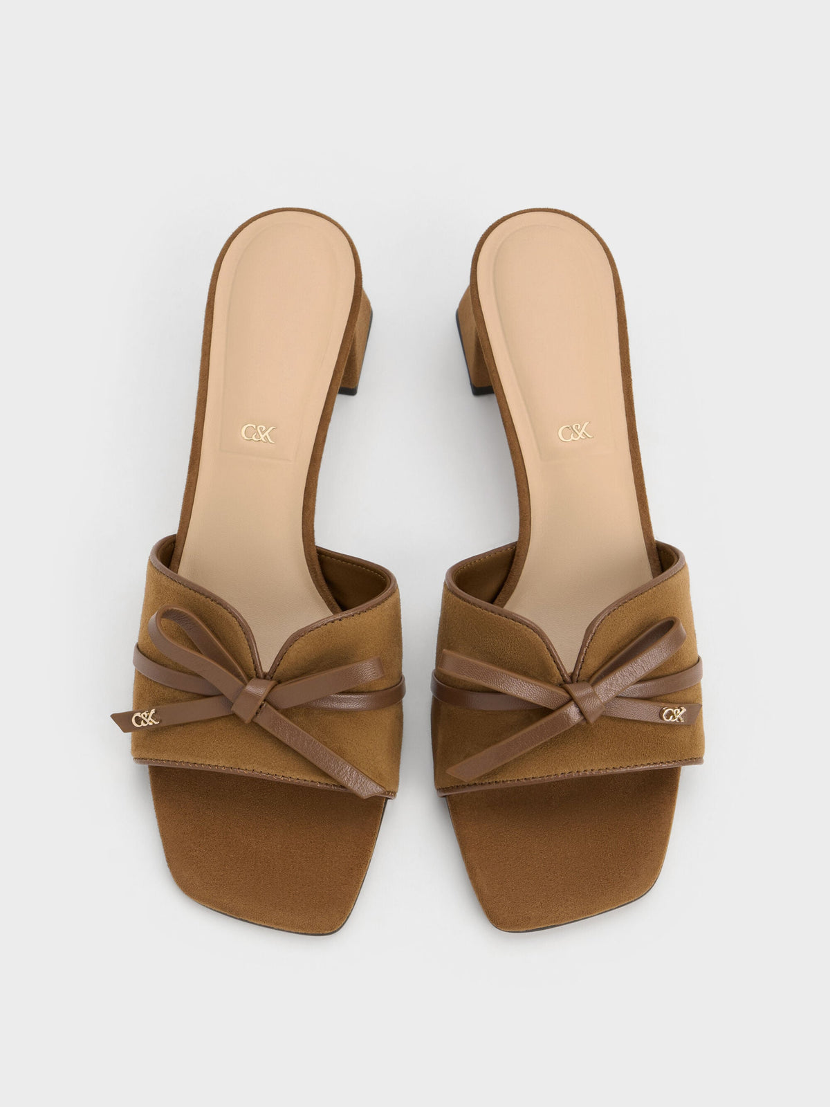 CHARLES & KEITH Premium | Leather & Suede Bow Heeled Mules - Brown