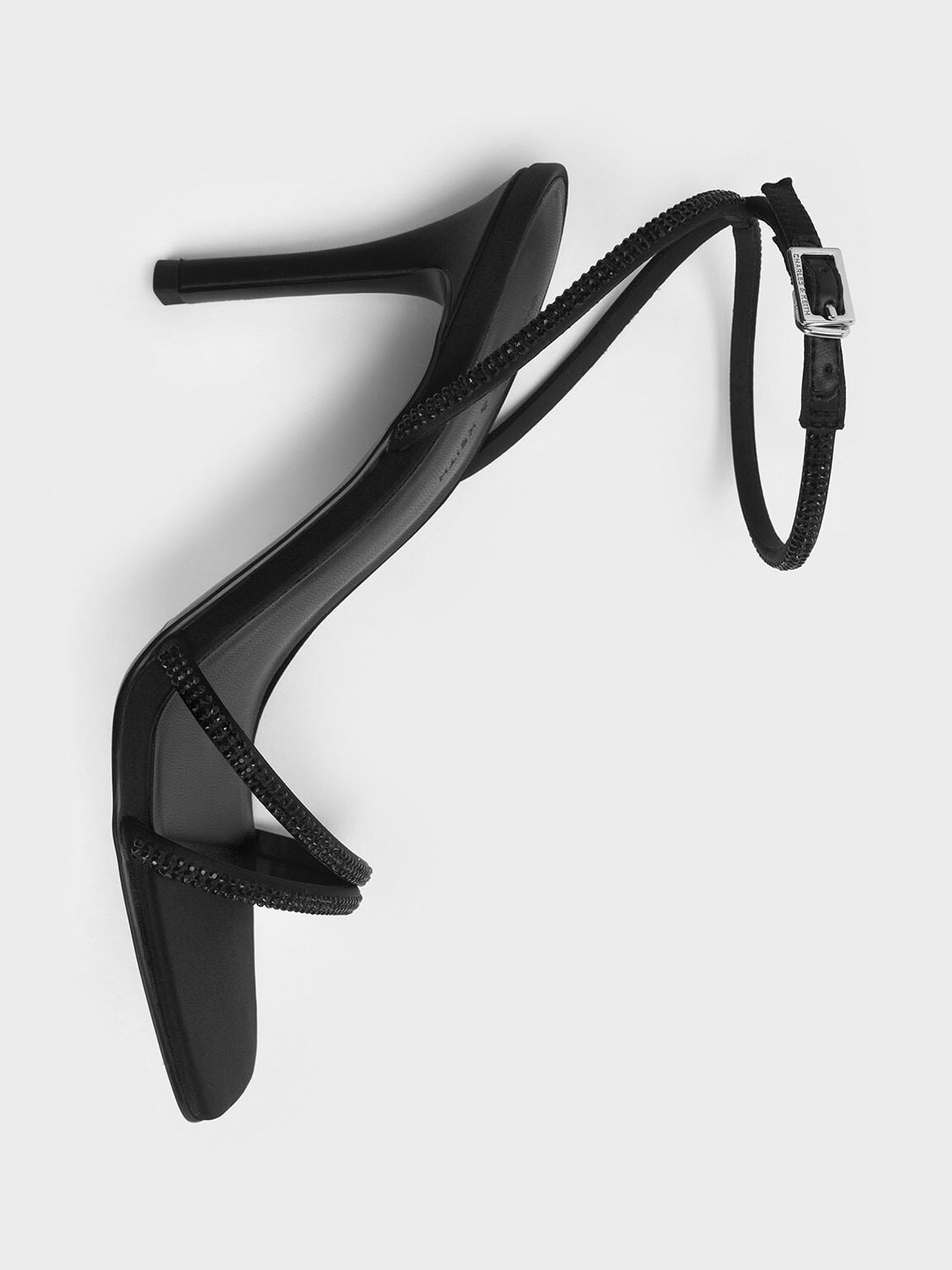 CHARLES & KEITH Essential | Satin Crystal-Embellished Asymmetric Heeled Sandals - Black Textured