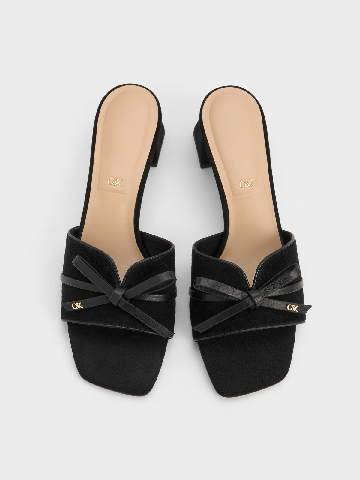 CHARLES & KEITH Top Pick | Leather & Suede Bow Heeled Mules - Black Textured