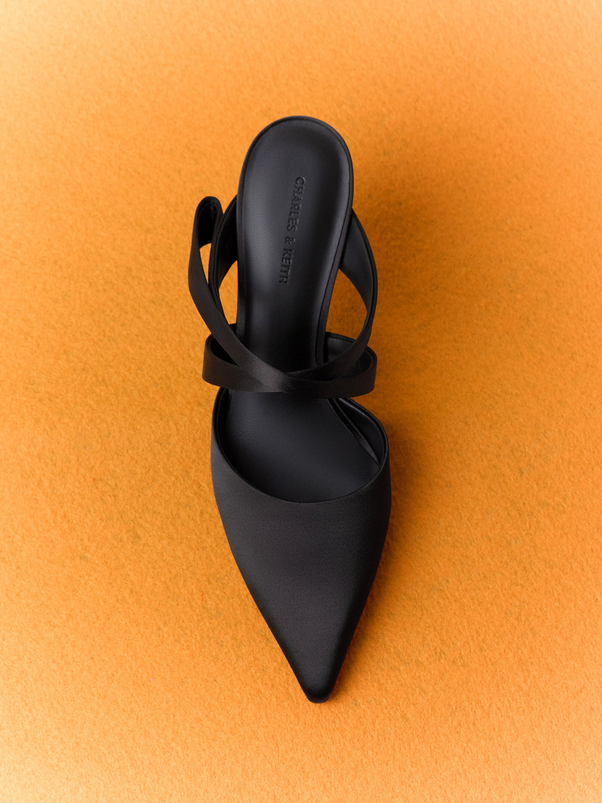 CHARLES & KEITH Top Pick | Satin Pleated-Strap Heeled Mules - Black Textured