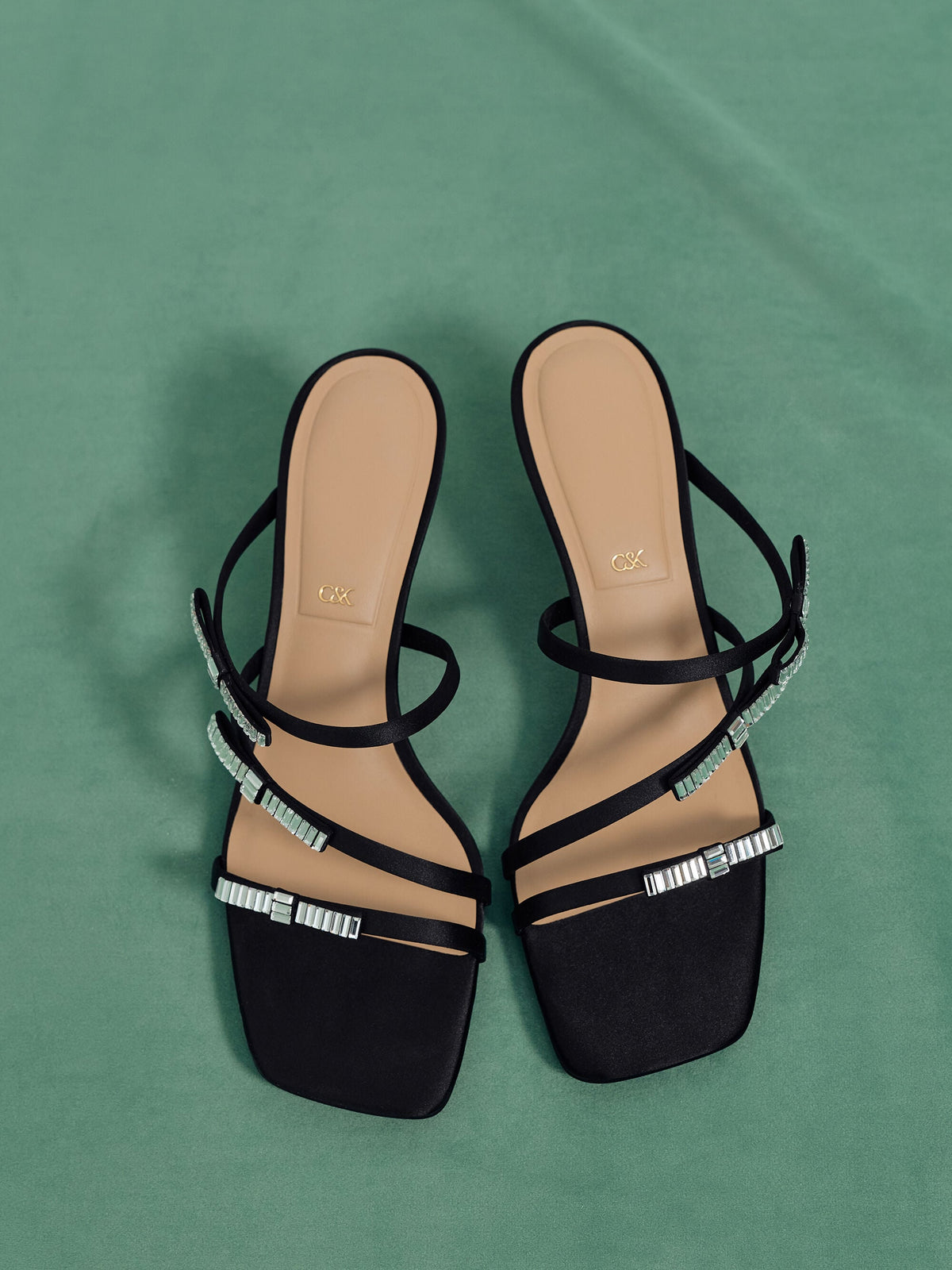 CHARLES & KEITH Trending | Jessy Gem-Bow Heeled Sandals - Black Textured
