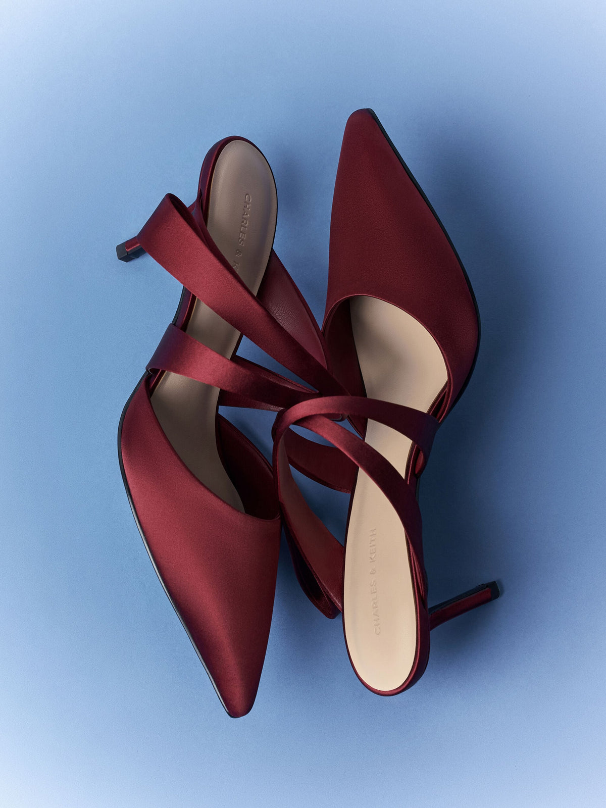 CHARLES & KEITH Exclusive | Satin Pleated-Strap Heeled Mules - Red