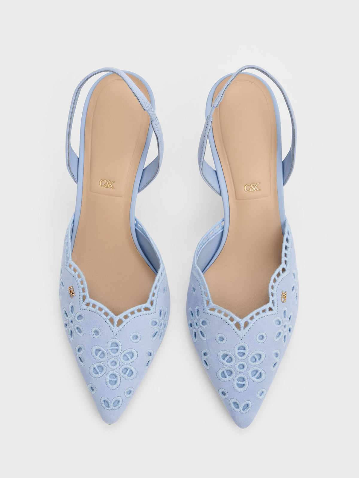 CHARLES & KEITH Smart Buy | Leather Embroidered Pointed Slingback Pumps - Light Blue