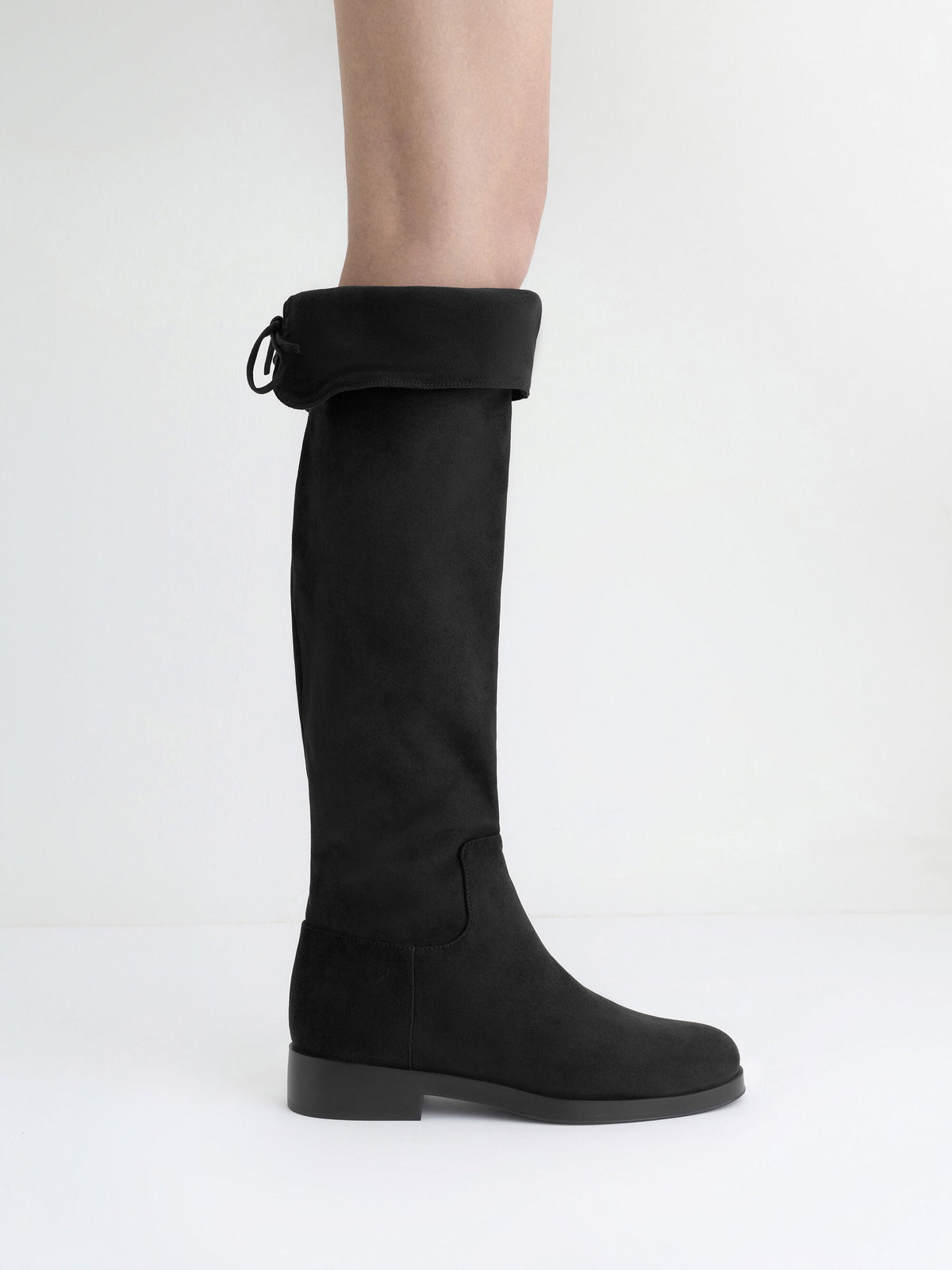 CHARLES & KEITH Great Value | Louisa Faux Suede Fold-Over Thigh-High Boots - Black Textured