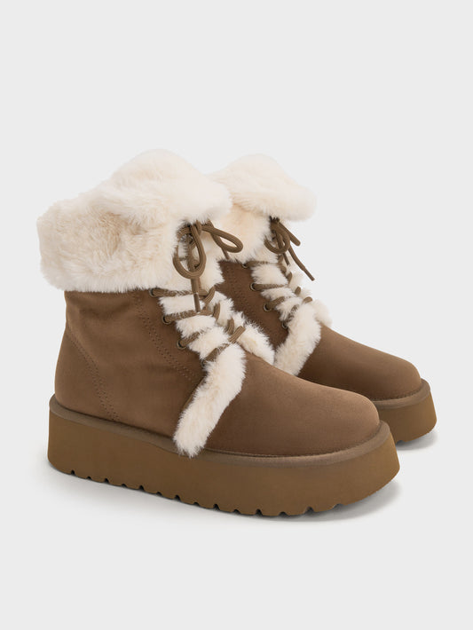 CHARLES & KEITH Top Pick | Faux Suede & Faux Fur Flatform Boots - Brown