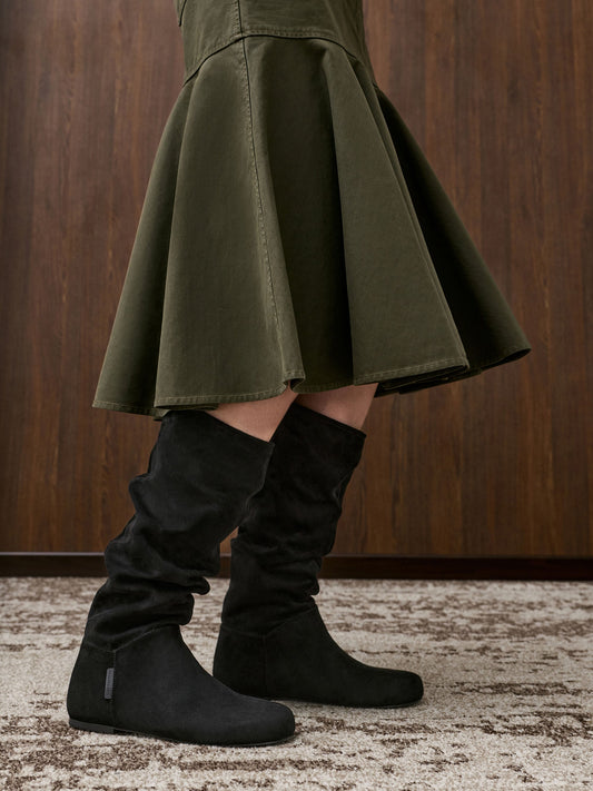CHARLES & KEITH Trusted | Faux Suede Ruched Knee-High Boots - Black Textured