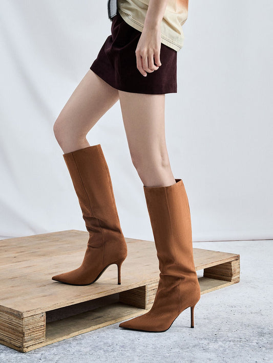 CHARLES & KEITH Sale | Faux Suede Pointed Stiletto Knee-High Boots - Cognac