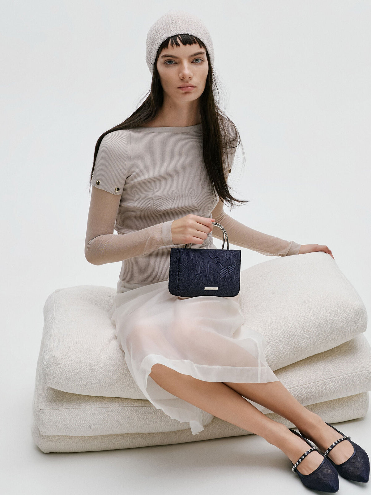 CHARLES & KEITH Classic | Jennis Lace & Satin Top Handle Bag - Dark Blue Textured
