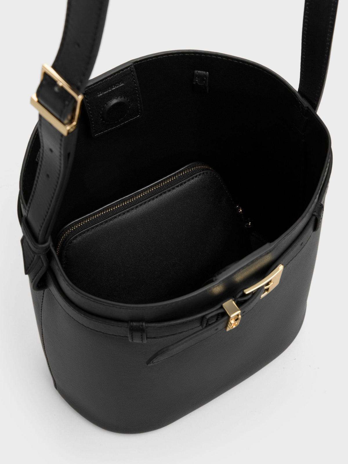 CHARLES & KEITH Trusted | Jody Leather Belted Bucket Bag - Black
