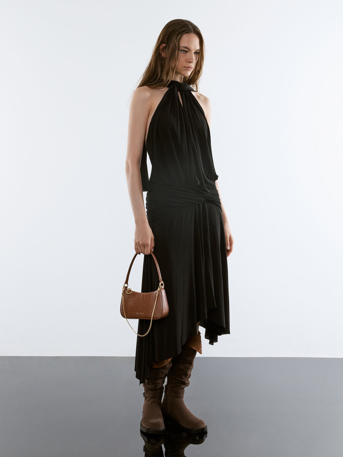 CHARLES & KEITH Value | Elspeth Croc-Effect Shoulder Bag - Chocolate Croco