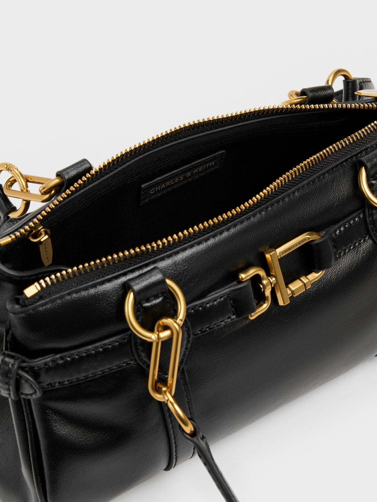 CHARLES & KEITH Essential | Gwynne Metallic-Accent Elongated Shoulder Bag - Black