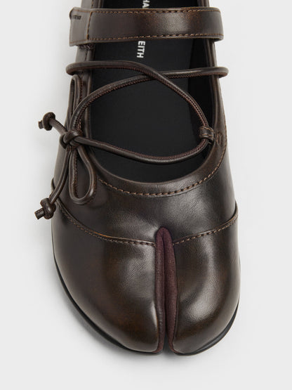 CHARLES & KEITH Popular | Aether Lace-Up Split-Toe Mary Jane Flats - Brown