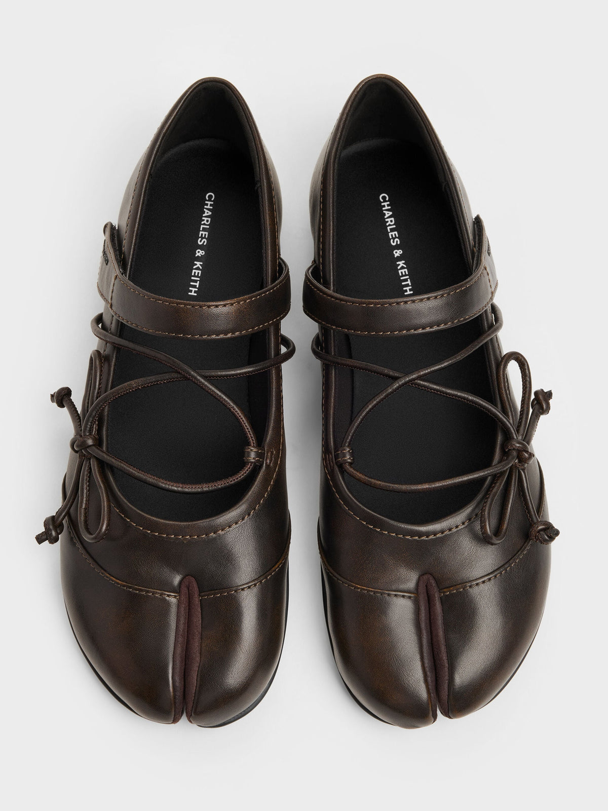 CHARLES & KEITH Popular | Aether Lace-Up Split-Toe Mary Jane Flats - Brown