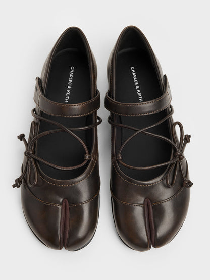 CHARLES & KEITH Popular | Aether Lace-Up Split-Toe Mary Jane Flats - Brown