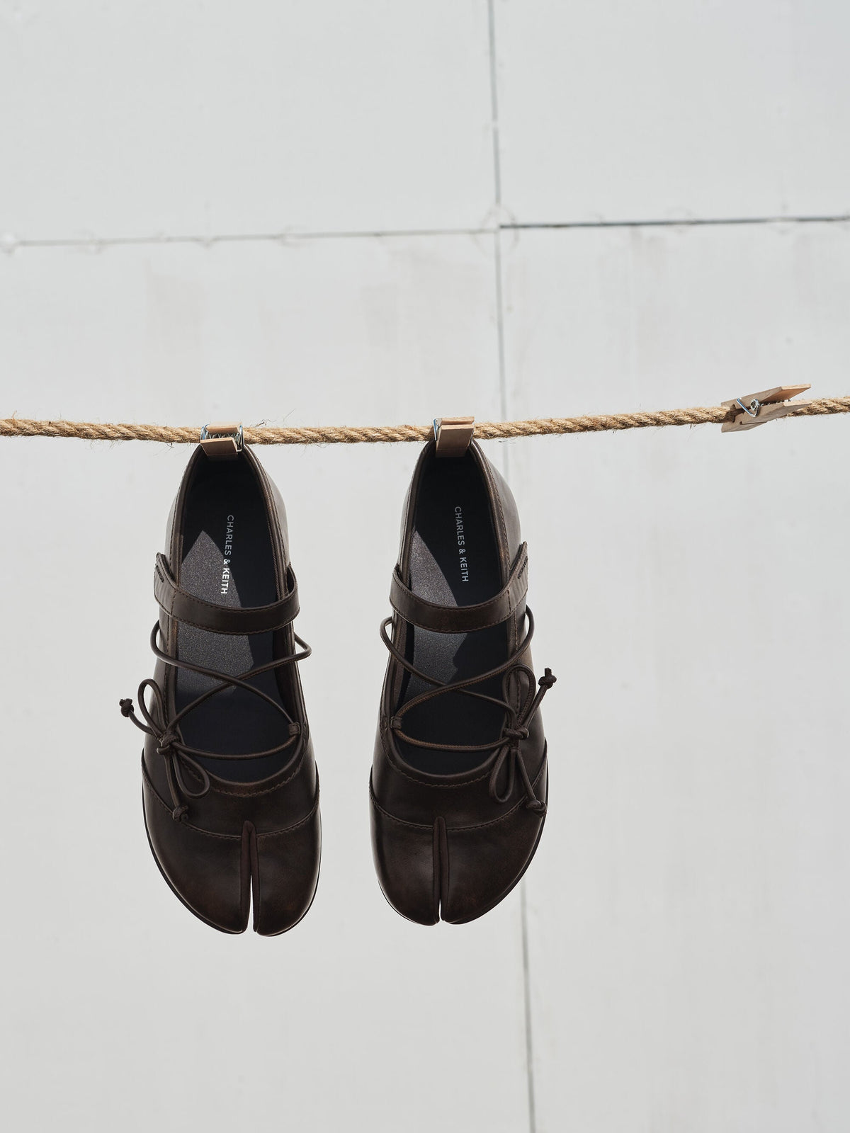 CHARLES & KEITH Popular | Aether Lace-Up Split-Toe Mary Jane Flats - Brown