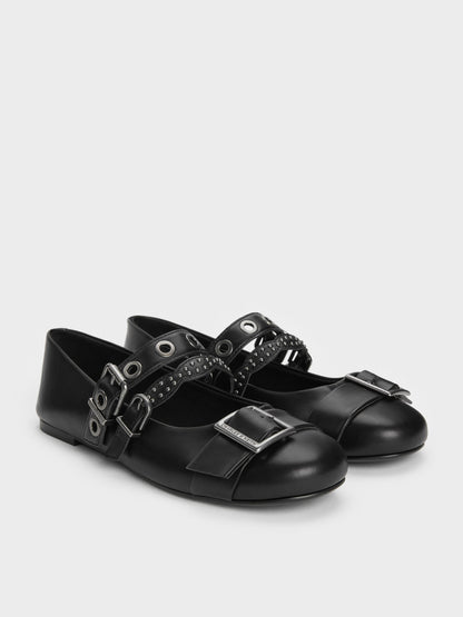 CHARLES & KEITH Recommended | Aether Grommet Studded Mary Jane Flats - Black
