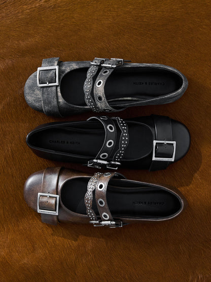 CHARLES & KEITH Recommended | Aether Grommet Studded Mary Jane Flats - Black