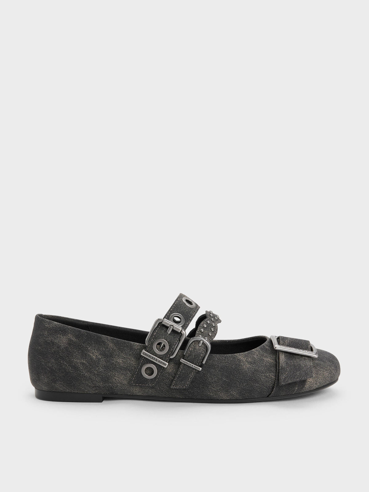 CHARLES & KEITH Signature | Aether Grommet Studded Mary Jane Flats - Dark Grey