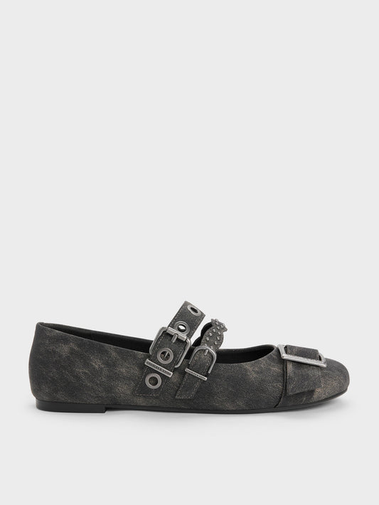 CHARLES & KEITH Signature | Aether Grommet Studded Mary Jane Flats - Dark Grey