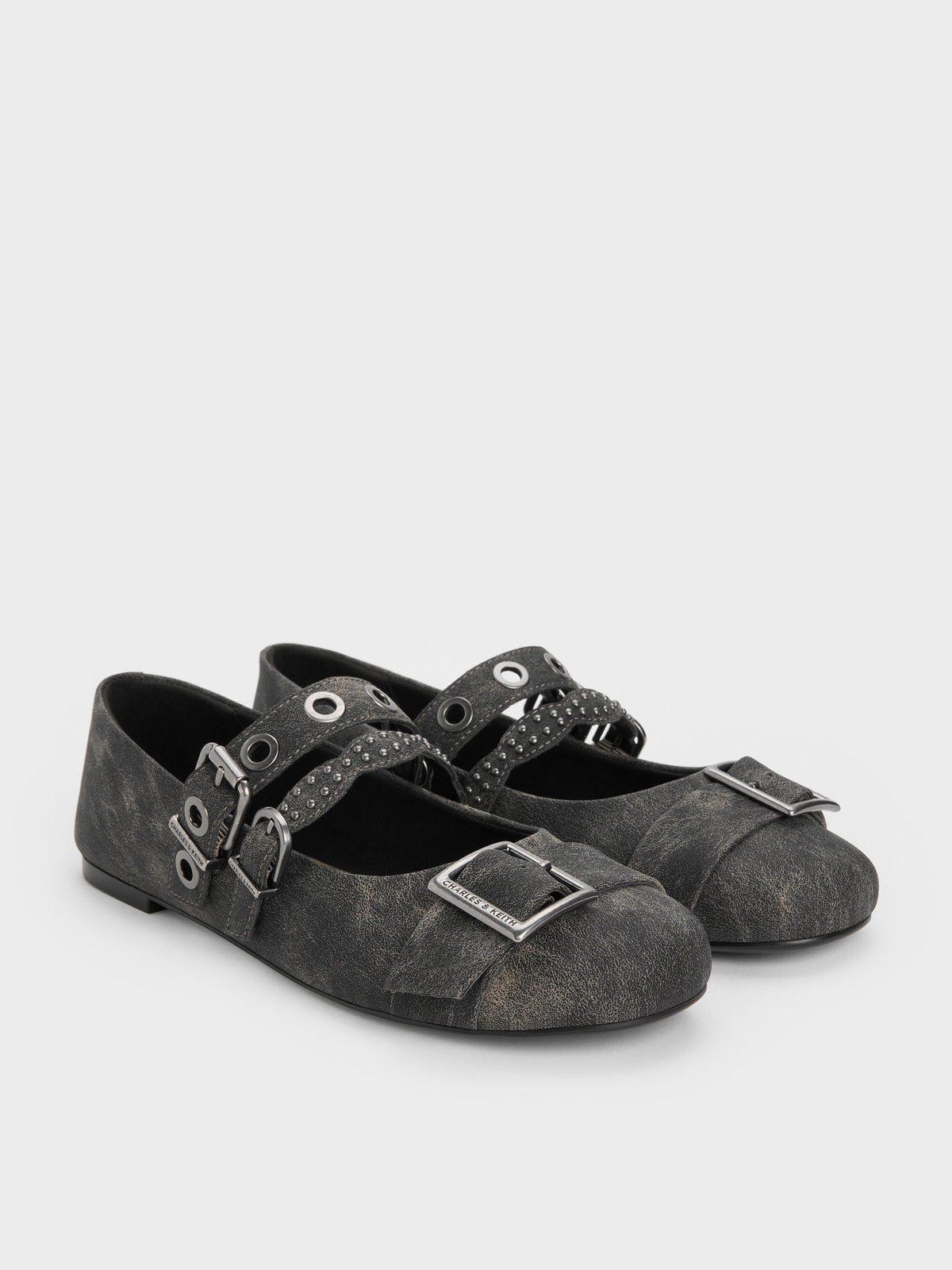 CHARLES & KEITH Signature | Aether Grommet Studded Mary Jane Flats - Dark Grey