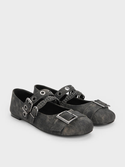 CHARLES & KEITH Signature | Aether Grommet Studded Mary Jane Flats - Dark Grey