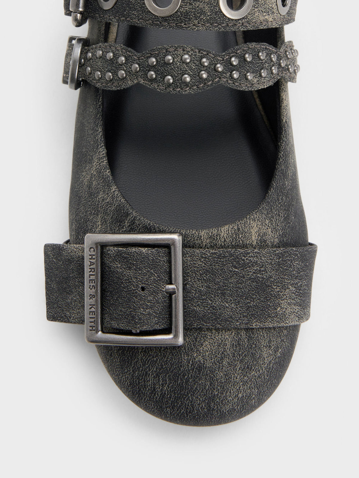 CHARLES & KEITH Signature | Aether Grommet Studded Mary Jane Flats - Dark Grey