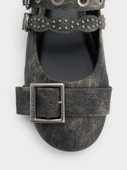 CHARLES & KEITH Signature | Aether Grommet Studded Mary Jane Flats - Dark Grey