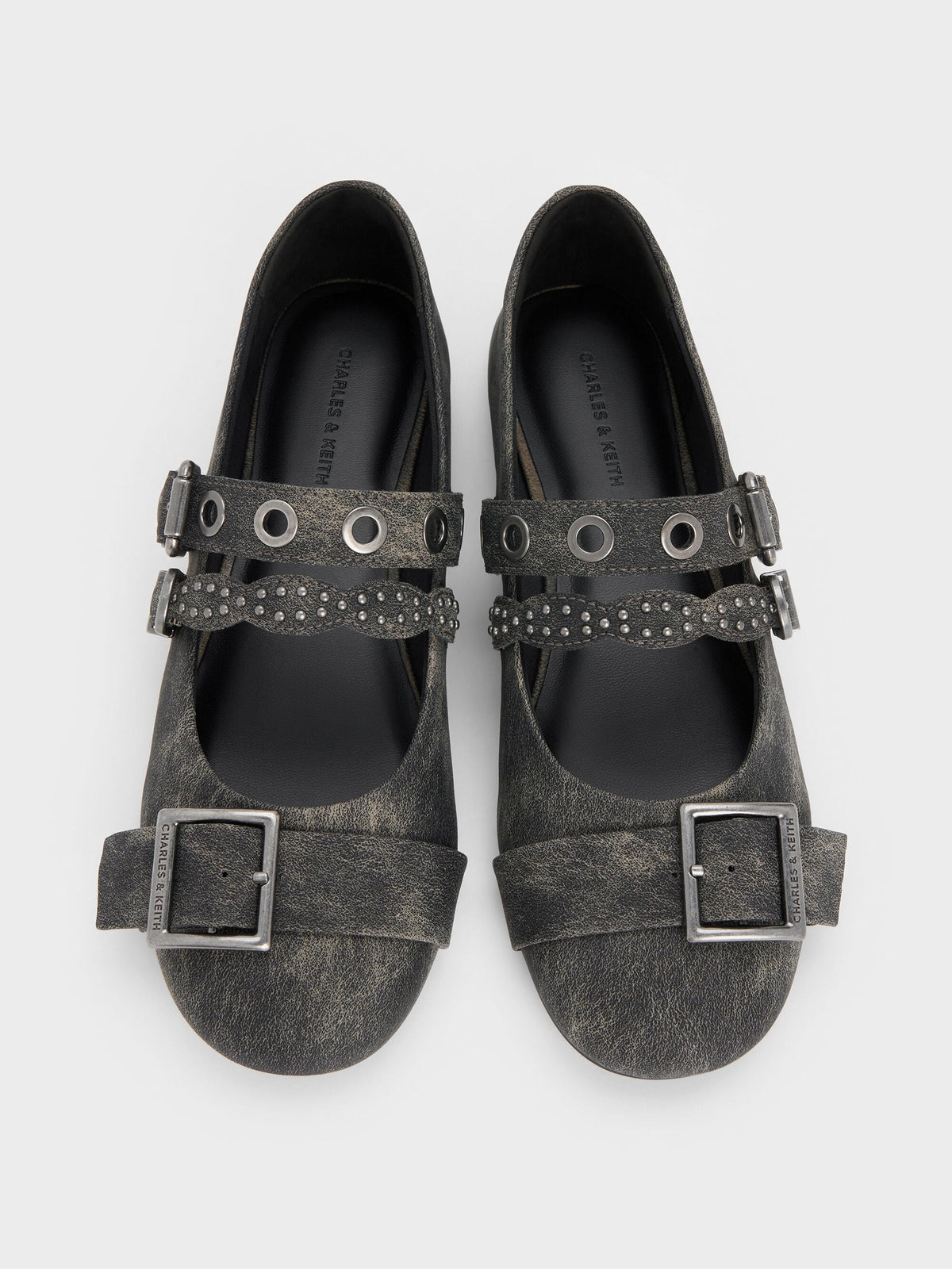 CHARLES & KEITH Signature | Aether Grommet Studded Mary Jane Flats - Dark Grey