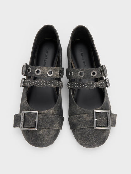 CHARLES & KEITH Signature | Aether Grommet Studded Mary Jane Flats - Dark Grey