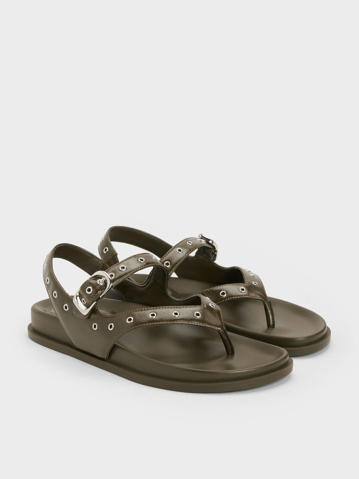 CHARLES & KEITH Recommended | Grommet Thong Slingback Sandals - Olive