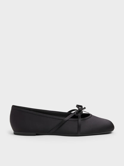 CHARLES & KEITH New | Satin Bow Ballet Flats - Black Textured