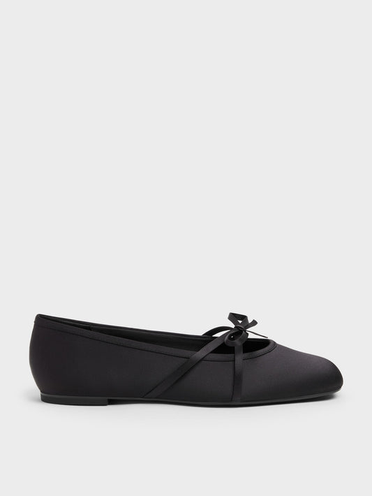 CHARLES & KEITH New | Satin Bow Ballet Flats - Black Textured